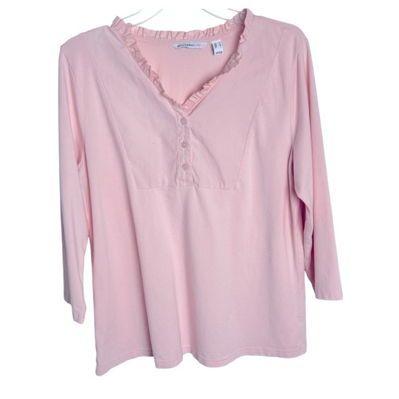 Isaac Mizarahi Ruffle v neck half placket cotton modal pink top size M - Picture 2 of 8